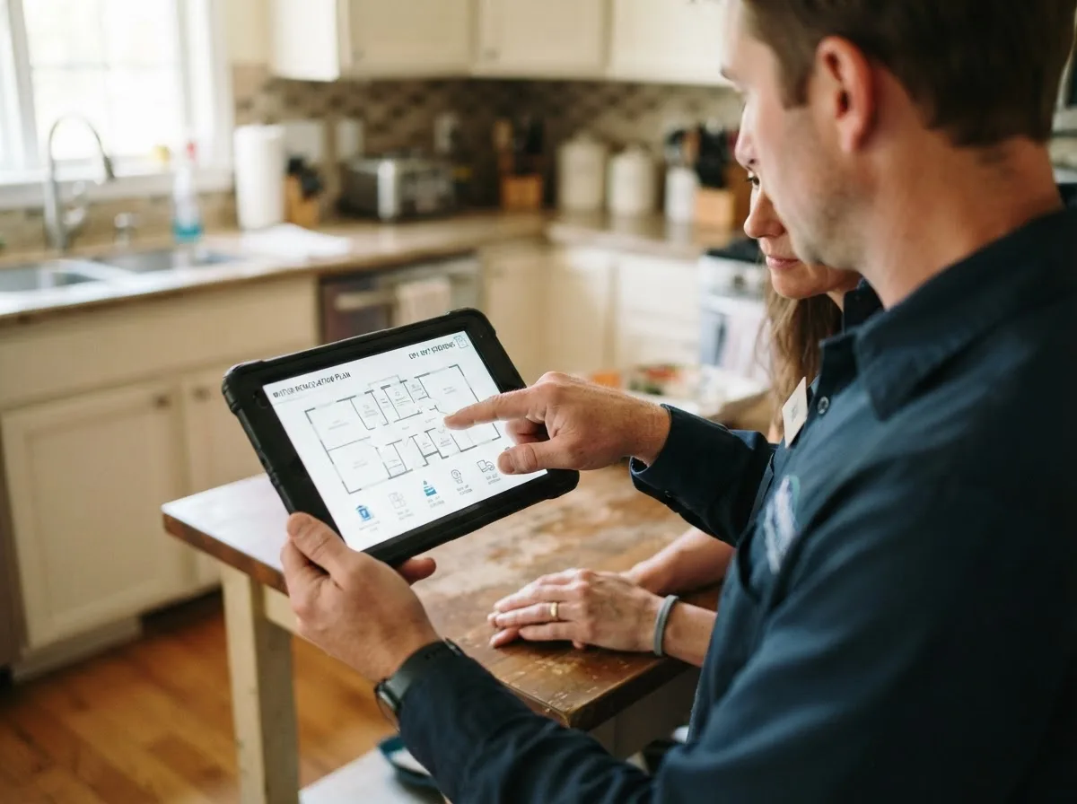 Water damage restoration technician inspecting a home in Neosho Rapids, KS